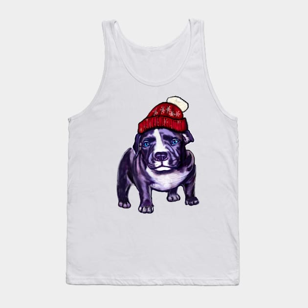 pit bull dog puppy in a red beanie hat - cute blue line pittie with piercing blue eyes Tank Top by Artonmytee